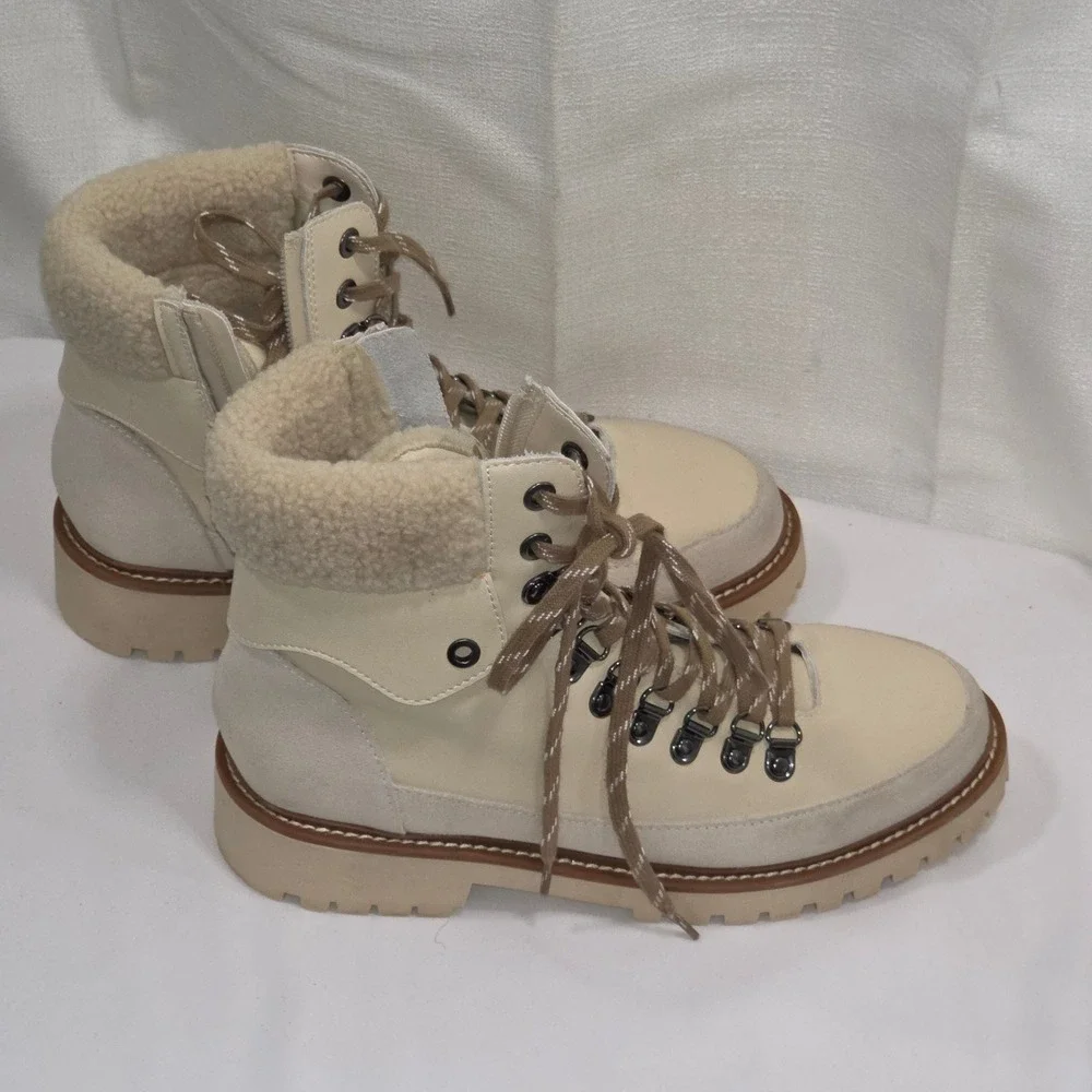 Blondo Natasia Waterproof Hiker Boots Cream Leather Faux Fur‎ Womens 6.5M